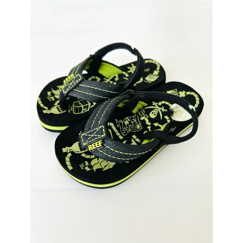 NWOT Reef Toddler Flip Flop Sandal Slip On Black Green Pirate 3/4
